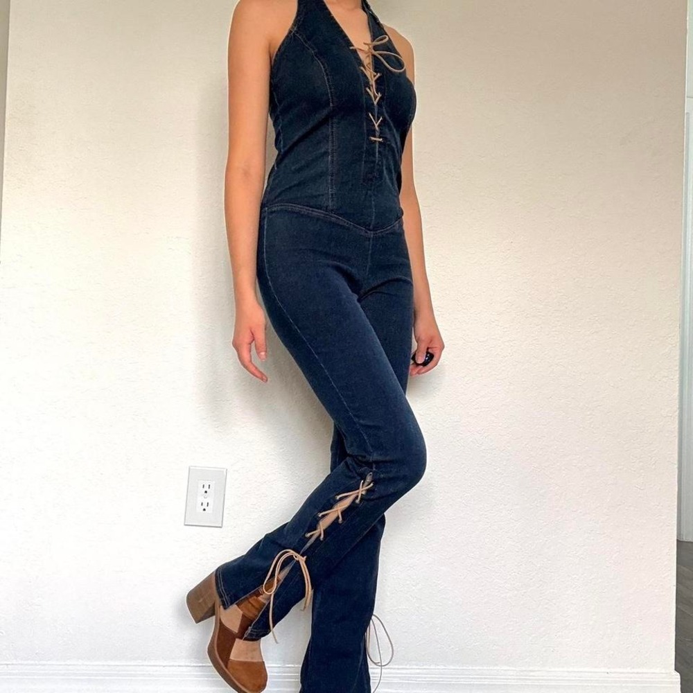 Y2K Lace-Up Denim Halter Jumpsuit